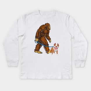 Funny Bigfoot Sasquatch Walking Pitbull Kids Long Sleeve T-Shirt